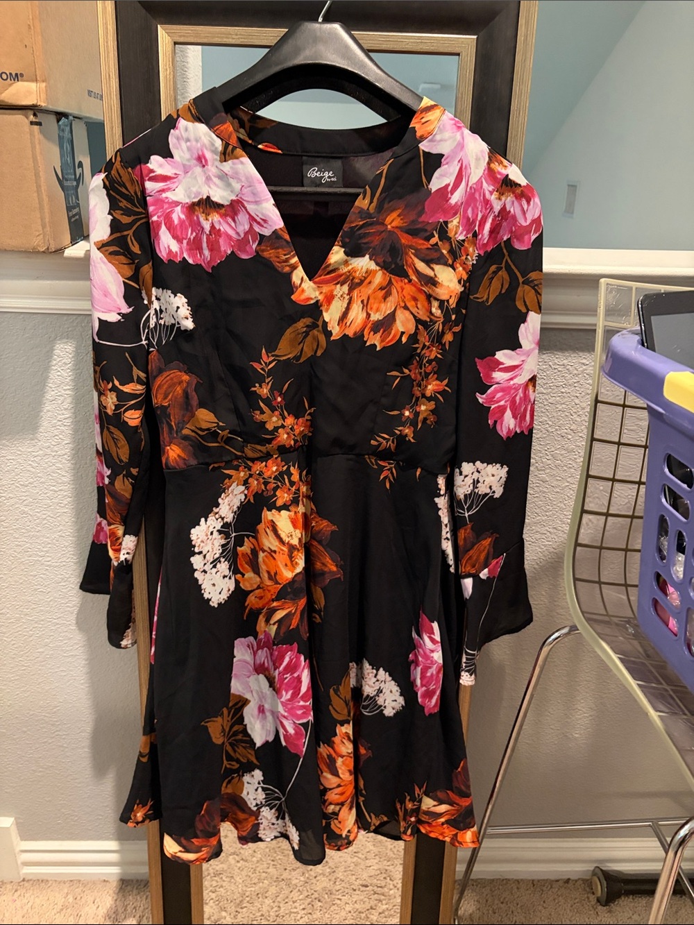 Beige by eci Black V-Neck Long-Sleeve Floral Dress with Pink & Orange Blooms